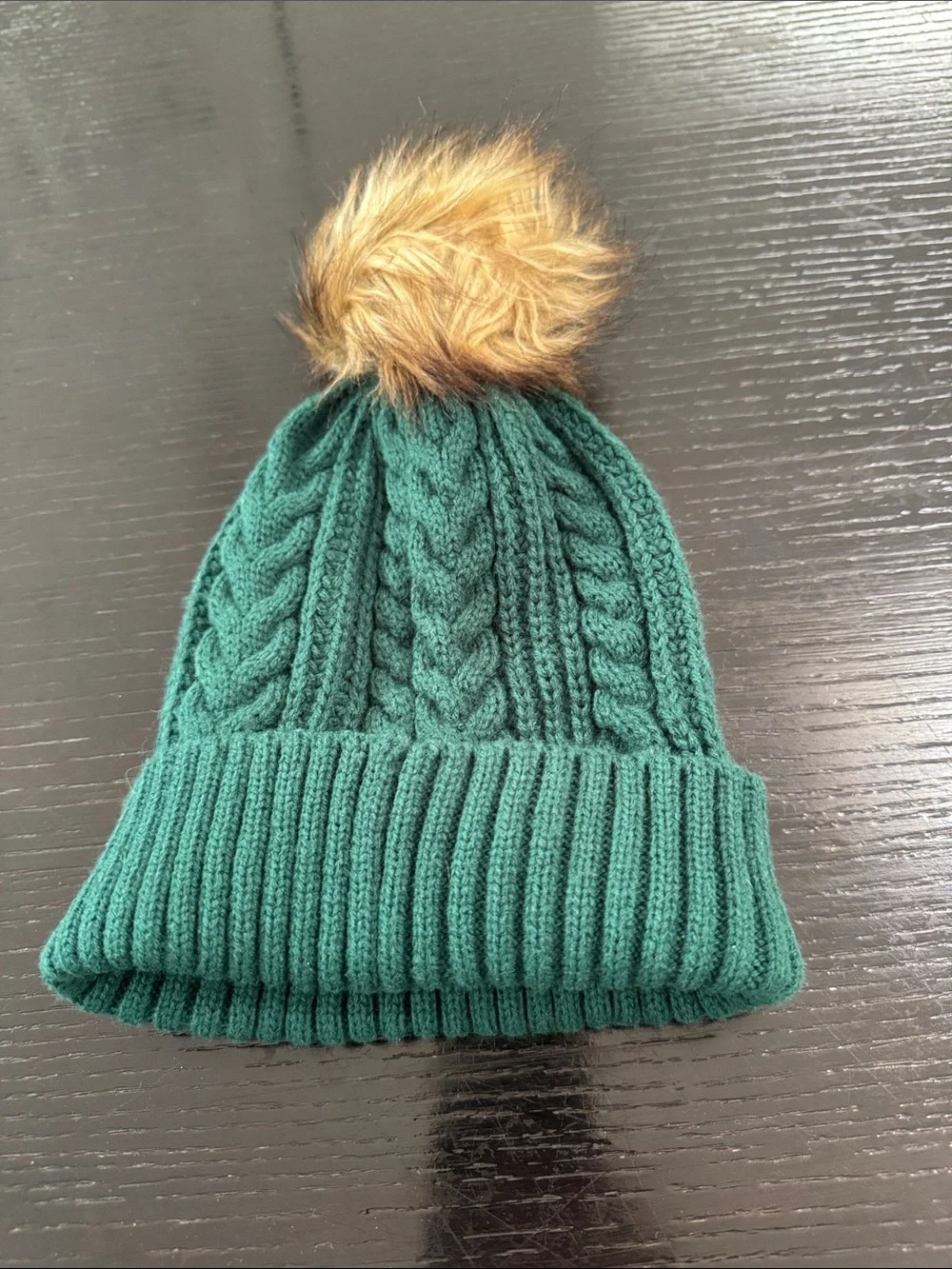Green Cable-Knit Pom Pom Beanie